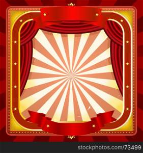 Circus Frame Poster Background. Illustration of a square circus frame background with banners, red curtains and various shiny and gold ornaments for arts events and entertainment background