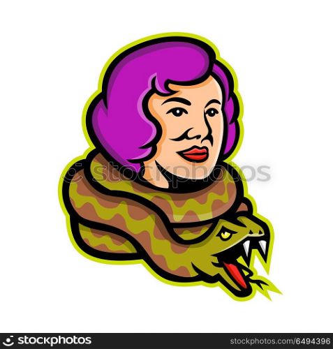 Circus Freak Snake Lady Mascot. Mascot icon illustration of head of a circus freak snake lady or snake charmer with python, a circus performer or entertainer viewed from side on isolated background in retro style.. Circus Freak Snake Lady Mascot