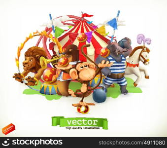 Circus, funny animals. Monkey, lion, horse, hippo. 3d vector