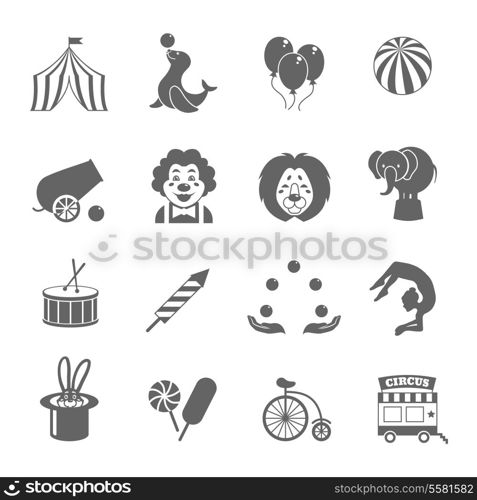 Circus graphic pictograms of juggling sealion acrobat stunt collection black icons set isolated vector illustration