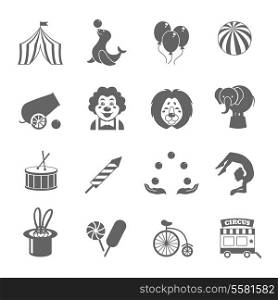 Circus graphic pictograms of juggling sealion acrobat stunt collection black icons set isolated vector illustration