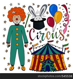 Circus hand drawn collection with colorful clown, balloon, circus tent and magic rabbit. Happy birthday decorations for kids party. Circus hand drawn collection with colorful clown, balloon, tent and magic rabbit. Happy birthday decorations for kids party