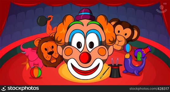 Circus horizontal banner concept clown. Cartoon illustration of circus vector horizontal banner for web. Circus horizontal banner clown, cartoon style
