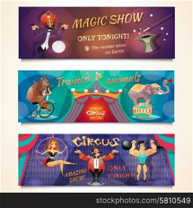 Circus horizontal banner set with magic show and animals alvertising isolated vector illustration. Circus Banner Set