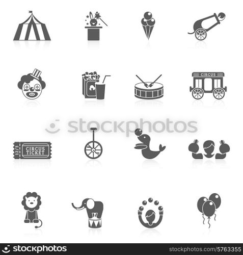 Circus icon black set with balloon sealion and elephant animals isolated vector illustration