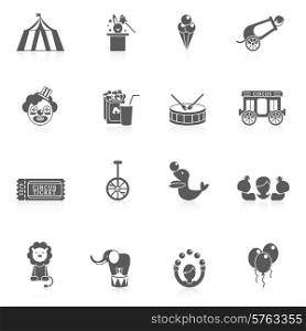 Circus icon black set with balloon sealion and elephant animals isolated vector illustration