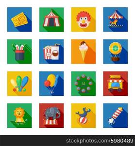 Circus icons flat. Circus and fairground icons flat long shadow set isolated vector illustration