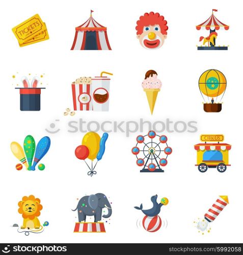 Circus icons flat set. Circus and attraction park icons flat set isolated vector illustration