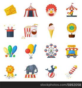 Circus icons flat set. Circus and attraction park icons flat set isolated vector illustration