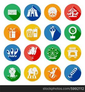 Circus icons flat set. Circus and fairground icons flat long shadow set isolated vector illustration