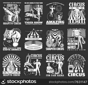 Circus icons in monochrome, funfair carnival vintage, vector, fair park tent marquee. Retro big top circus magic show acrobats, clowns and animals, jugglers and acrobats, bullet man and elephant. Circus icons monochrome, funfair carnival vintage