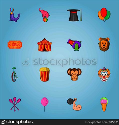 Circus icons set. Cartoon illustration of 16 circus vector icons for web. Circus icons set, cartoon style