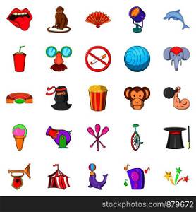 Circus icons set. Cartoon set of 25 circus vector icons for web isolated on white background. Circus icons set, cartoon style