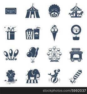 Circus icons set. Circus black icons set with tickets tent clown attractions isolated vector illustration