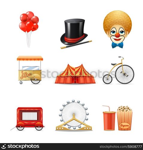 Circus Icons Set. Circus decorative icons set with realistic clown marquee tent bike isolated vector illustration
