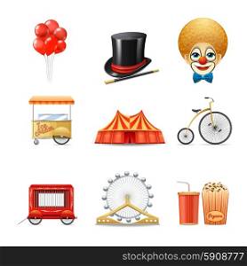 Circus Icons Set. Circus decorative icons set with realistic clown marquee tent bike isolated vector illustration