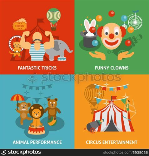 Circus Icons Set . Circus icons set with fantastic tricks funny clowns animal performance and entertainment flat isolated vector illustration