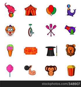 Circus Icons set in cartoon style isolated on white background. Circus Icons set, cartoon style