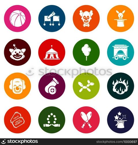 Circus icons set vector colorful circles isolated on white background . Circus icons set colorful circles vector