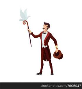 Circus illusionist with hat, dove and cane stick, vintage funfair carnival. Vector big top circus magic amusement show, magician performance. Vintage circus show, magician illusionist