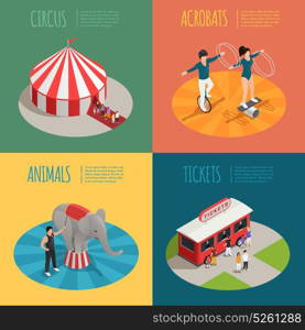 Circus Isometric 2x2 Design Concept. Circus 2x2 design concept with tent acrobats ticket cashier trailer and elephant trainer square compositions isometric vector illustration