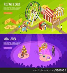Circus Isometric Horizontal Banners Webpage Design . Circus show with trained animals and observation wheel 2 isometric horizontal banners webpage design isolated vector illustration