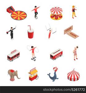 Circus Isometric Icons Set. Circus isometric set of manege juggler clown acrobat trained animals tickets cola carousel decorative icons isolated vector illustration