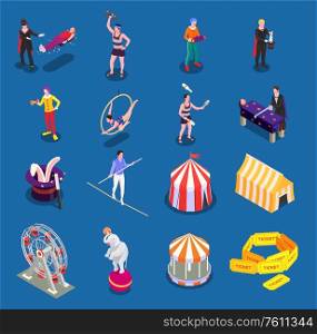 Circus isometric icons set with acrobats and animals isolated vector illustration