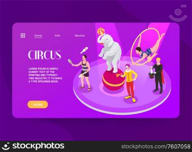 Circus isometric page design with show info and service vector illustration