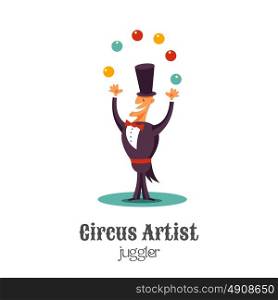 Circus juggler in a tuxedo juggles colored balls. Vector illustration. Isolated on a white background.