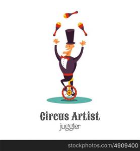 Circus juggler on a unicycle. Vector illustration. Isolated on a white background.