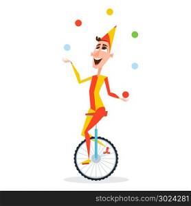 Circus juggler with balls rides on a unicycle