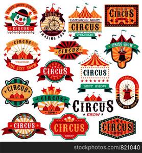 Circus labels. Vintage carnival show, circus signboard. Entertaining event festival. Paper invitation banner, arrow vector entrance fun isolated stickers set. Circus labels. Vintage carnival show, circus signboard. Entertaining event festival. Paper invitation banner, arrow vector stickers