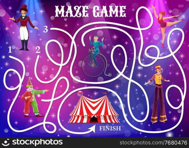 Circus labyrinth maze game. Vector kids boardgame help artists reach big top tent. Children test with cartoon characters and tangled path, educational baby riddle for preschool or family activity. Circus labyrinth maze game. Vector kids boardgame