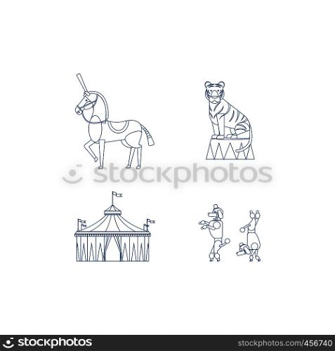 Circus line art icons with tiger horse tent and dogs. Vector illustration. Circus line art icons