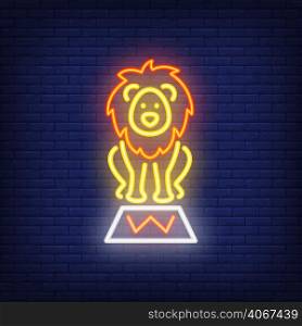 Circus lion neon icon. Trained wild animal on stand on dark brick wall background. Night bright advertisement. Vector illustration in neon style for performance poser or toy shop