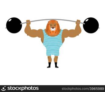 Circus Lion Strong retro athlete. big beast in striped overalls. Strong circus performer. Wild animal with mane keeps post&#xA;