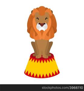 Circus lion. Wild cruel animal sitting on pedestal. Big Serious beast. Predator with shaggy mane on circus stand&#xA;