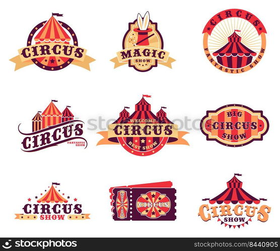 Circus logo and stickers set. Can be used for carnival, fair, magic show concepts. Vector illustrations for festival labels, posters and banners design