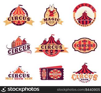 Circus logo and stickers set. Can be used for carnival, fair, magic show concepts. Vector illustrations for festival labels, posters and banners design