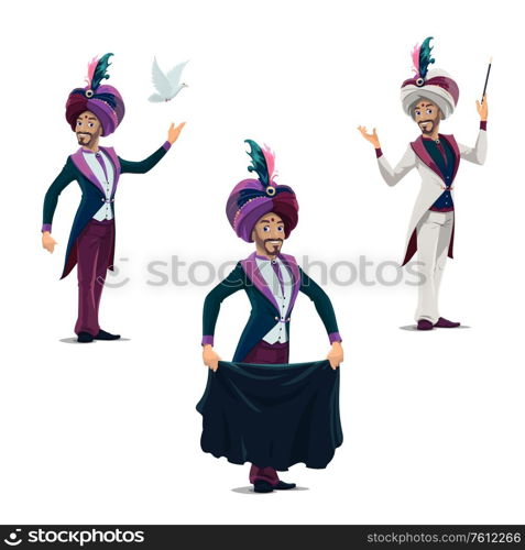 Circus magician performing tricks with cloth, magical wand and dove isolated vector icons. Big top illusionist in turban and tailcoat perform circus magic show, carnival amusement entertainment event. Big top circus magician performing tricks icons