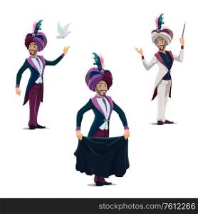 Circus magician performing tricks with cloth, magical wand and dove isolated vector icons. Big top illusionist in turban and tailcoat perform circus magic show, carnival amusement entertainment event. Big top circus magician performing tricks icons