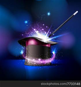 Circus magician top hat and magic wand trick with sparkling light, vector background. Circus show or funfair carnival poster with magician illusionist or wizard cylinder cap and wand with magic shine. Circus magician top hat and magic wand trick