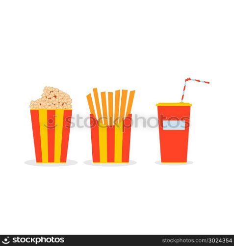 Circus meal in glasses. Popcorn, French fries, a glass with juice, cola with a straw
