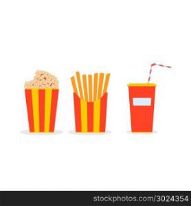 Circus meal in glasses. Popcorn, French fries, a glass with juice, cola with a straw