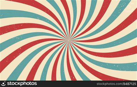 Circus or carnival rays background layout with vector grunge texture. Retro spiral pattern with red, white and blue radial stripes of vintage circus, carnival, fair or chapiteau big top tent. Circus or carnival spiral rays background layout