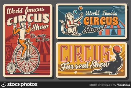 Circus or carnival top tent show retro banners. Vector acrobat riding vintage bicycle, trained animals and rocket man cannon, monkey and seal juggling balls on arena of chapiteau marquee. Circus tent, acrobat and monkey juggler