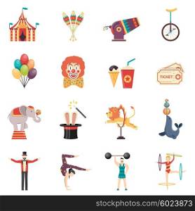 Circus Performance Flat Color Icons Set. Circus performance flat color icons set with clown balloons tent acrobat and trained animals isolated vector illustration