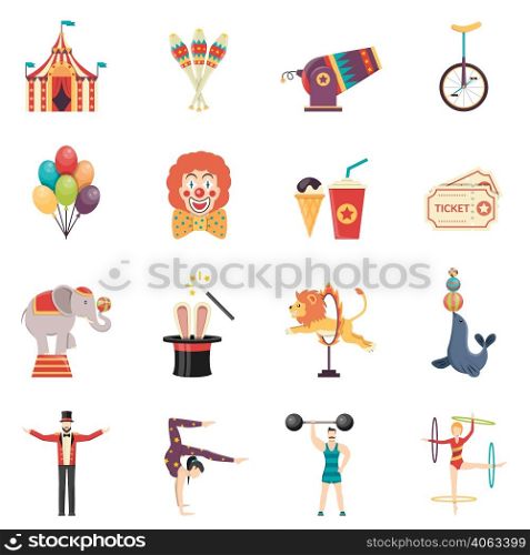 Circus performance flat color icons set with clown balloons tent acrobat and trained animals isolated vector illustration. Circus Performance Flat Color Icons Set