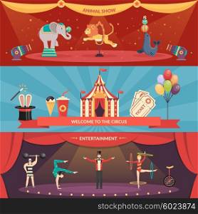 Circus Performance Horizontal Banners. Welcome to circus entertainment flat horizontal banners set of animals show and performance with acrobats and magician vector illustration